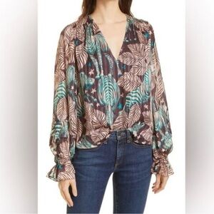 Ramy Brook Sofia Palm Leaf Long Sleeve Silk Blouse.
